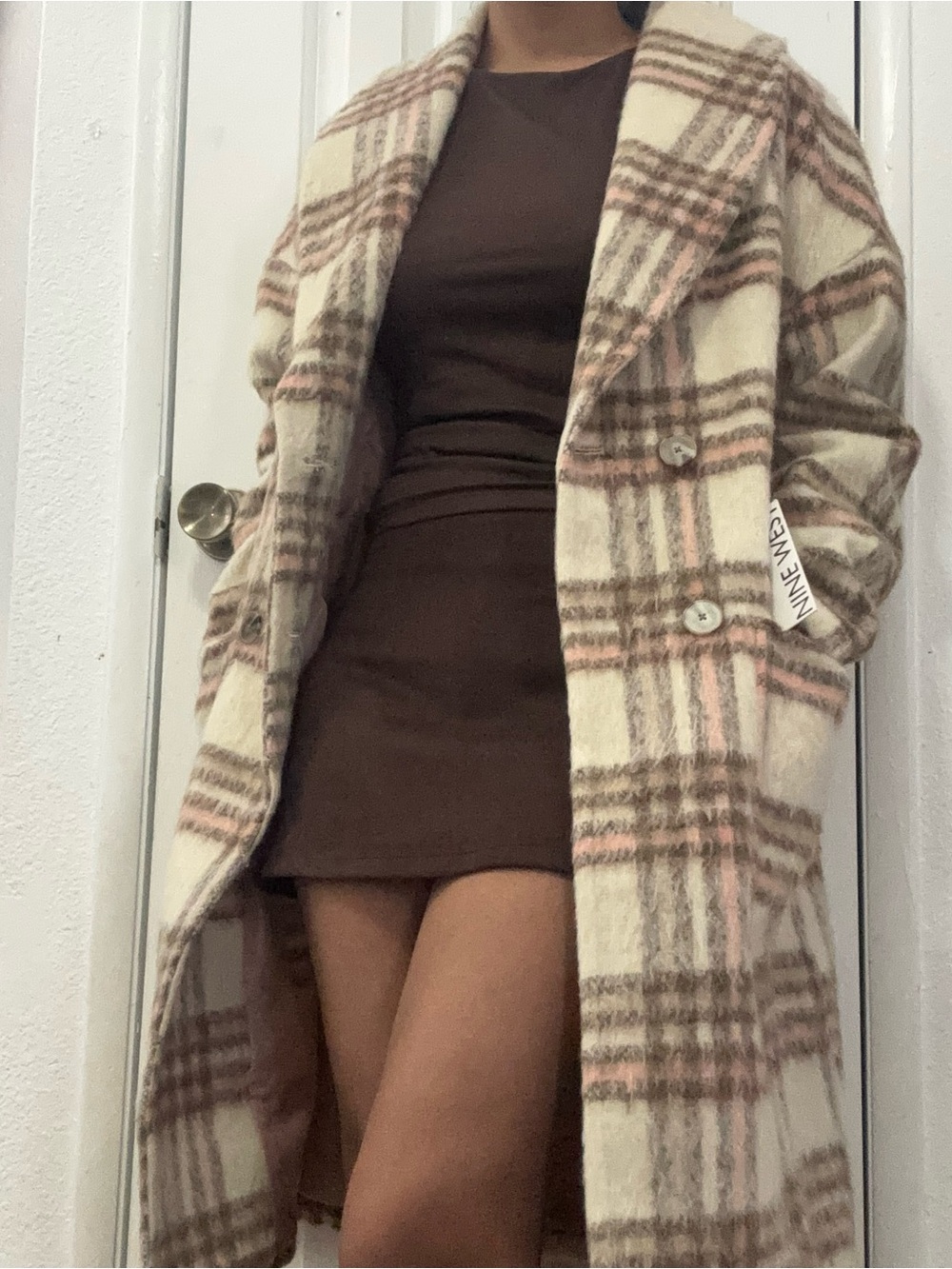Nine West Cream and Brown Plaid Teddy Jacket